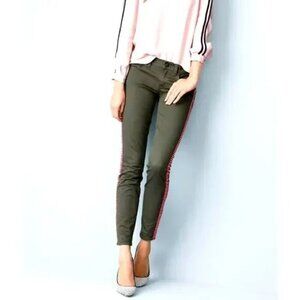 J Crew Jeans 27 Toothpick Tux Stripe NWT Olive Green with Red Stripe $128